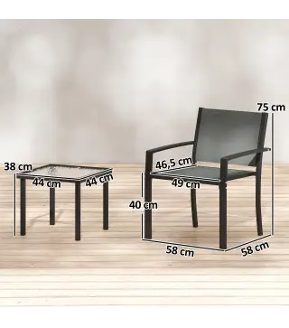 Conjunto de Mesa y Sillas de Terraza Exterior 3 Piezas con 2 Sillas de Textilene Mesa de Vidrio Templado Gris Claro