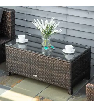 Mesa Exterior Terraza de Ratán Sintético Mesa Auxiliar con Vidrio Templado para Terraza Patio Balcón 85x50x39 cm Marrón