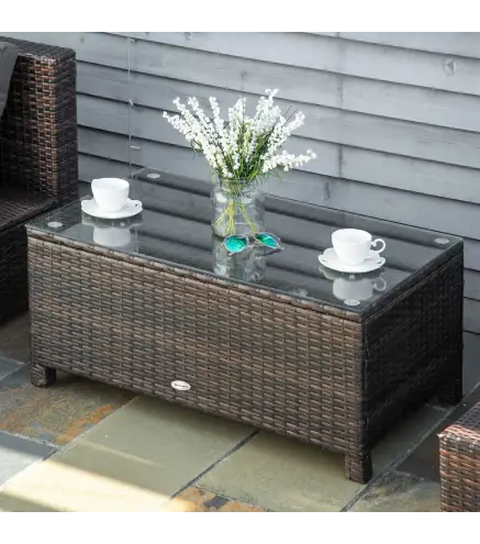 Mesa Exterior Terraza de Ratán Sintético Mesa Auxiliar con Vidrio Templado para Terraza Patio Balcón 85x50x39 cm Marrón
