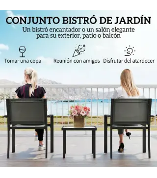 Conjunto de Mesa y Sillas de Terraza Exterior 3 Piezas con 2 Sillas de Textilene Mesa de Vidrio Templado Gris Claro