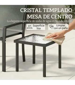 Conjunto de Mesa y Sillas de Terraza Exterior 3 Piezas con 2 Sillas de Textilene Mesa de Vidrio Templado Gris Claro