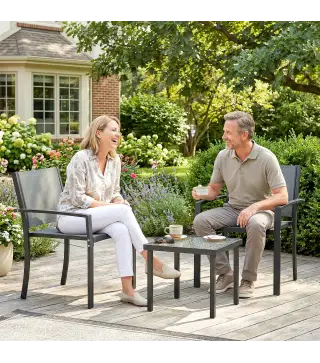 Conjunto de Mesa y Sillas de Terraza Exterior 3 Piezas con 2 Sillas de Textilene Mesa de Vidrio Templado Gris Claro