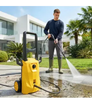 Hidrolimpiadora de Alta Presión 1600W 120 Bar con Bomba Boquilla Ajustable y Parada Automática 29,5x22x60 cm Amarillo