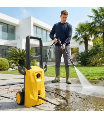 Hidrolimpiadora de Alta Presión 1600W 120 Bar con Bomba Boquilla Ajustable y Parada Automática 29,5x22x60 cm Amarillo