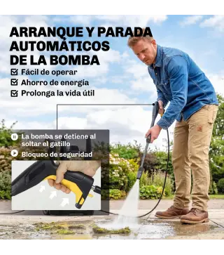 Hidrolimpiadora de Alta Presión 1600W 120 Bar con Bomba Boquilla Ajustable y Parada Automática 29,5x22x60 cm Amarillo