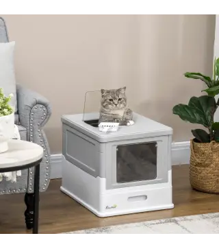 Arenero Cubierto para Gatos Desmontable con Entrada Frontal y Salida Superior con Pala 47,5x35,5x36,7 cm Gris y Blanco