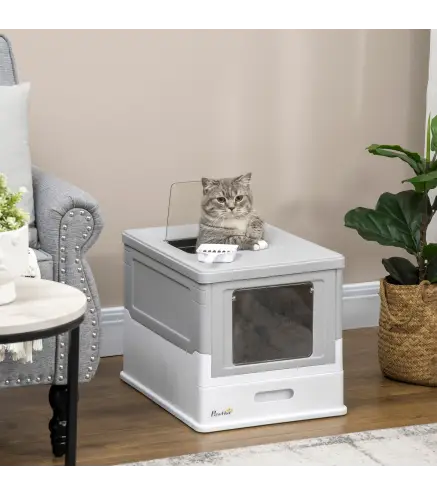 Arenero Cubierto para Gatos Desmontable con Entrada Frontal y Salida Superior con Pala 47,5x35,5x36,7 cm Gris y Blanco