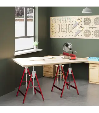 Set de 2 Caballetes Metálicos Plegables con Altura Ajustable Caballetes de Sierra de Acero 68x58x80-130 cm Rojo