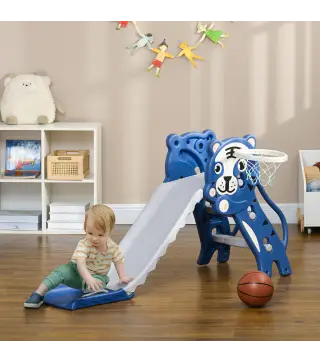 Tobogán para Niños de 18 a 36 Meses con 2 Escaleras 1 Canasta de Baloncesto y Patrón de Tigre 133x60x70 cm Azul y Gris