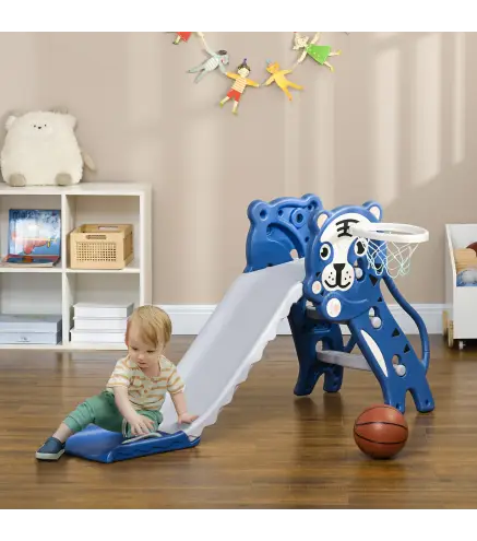 Tobogán para Niños de 18 a 36 Meses con 2 Escaleras 1 Canasta de Baloncesto y Patrón de Tigre 133x60x70 cm Azul y Gris