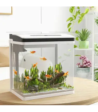Acuario de Cristal de 28L Pecera Pequeña con Sistema de Filtro Iluminación LED Bomba de Agua 38x26x39,5 cm Blanco