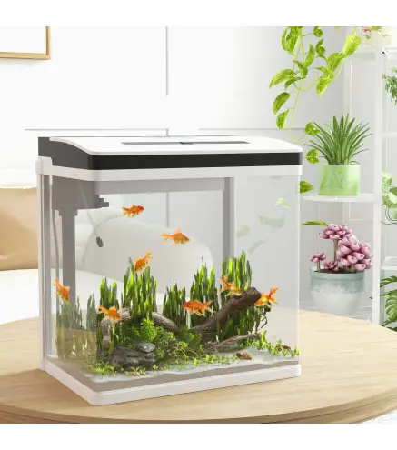 Acuario de Cristal de 28L Pecera Pequeña con Sistema de Filtro Iluminación LED Bomba de Agua 38x26x39,5 cm Blanco