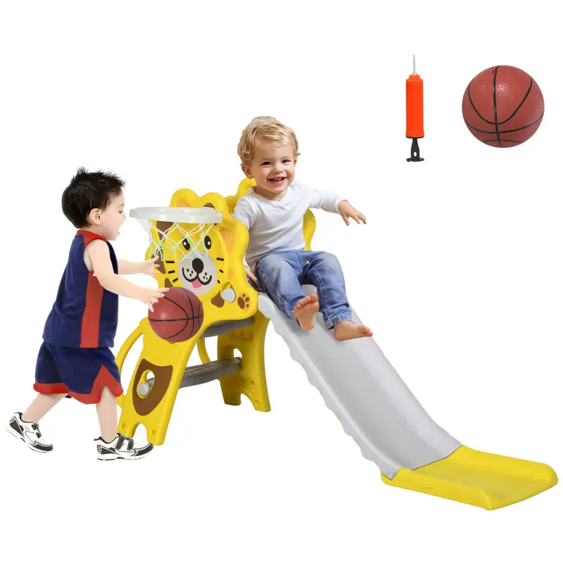 Tobogán para Niños de 18 a 36 Meses con 2 Escaleras 1 Canasta de Baloncesto y Patrón de León 131x50x74cm Amarillo y Gris