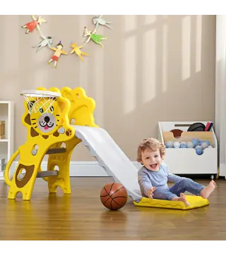 Tobogán para Niños de 18 a 36 Meses con 2 Escaleras 1 Canasta de Baloncesto y Patrón de León 131x50x74cm Amarillo y Gris