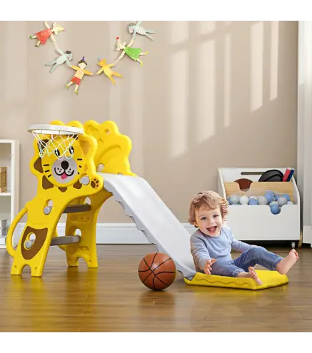 Tobogán para Niños de 18 a 36 Meses con 2 Escaleras 1 Canasta de Baloncesto y Patrón de León 131x50x74cm Amarillo y Gris