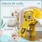 Tobogán para Niños de 18 a 36 Meses con 2 Escaleras 1 Canasta de Baloncesto y Patrón de León 131x50x74cm Amarillo y Gris