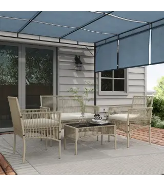 Juego de 4 Piezas Muebles de Terraza con 1 Sofá de 2 Plazas 2 Sillones y 1 Mesa de Centro con Encimera de Cristal Caqui