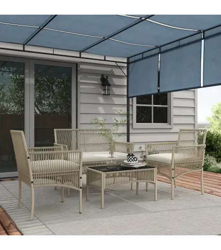 Juego de 4 Piezas Muebles de Terraza con 1 Sofá de 2 Plazas 2 Sillones y 1 Mesa de Centro con Encimera de Cristal Caqui