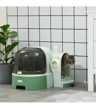 Arenero para Gatos en Forma de Cápsula Espacial con 2 Bandejas Extraíbles y Pala 52x60x42 cm Verde