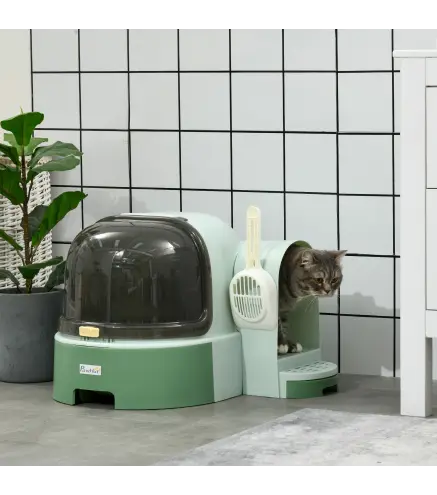 Arenero para Gatos en Forma de Cápsula Espacial con 2 Bandejas Extraíbles y Pala 52x60x42 cm Verde