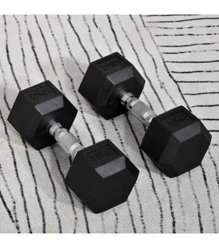 Juego de Mancuernas 2x10 kg con Barra de Conexión de Metal Cabeza Hexagonal para Entrenamiento en Casa Negro y Plata