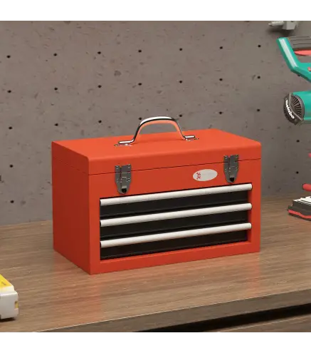 Maletín de Herramientas Portátil Caja para Herramientas de Acero con 3 Cajones 1 Caja superior y 1 Asa 45x24x27 cm Rojo