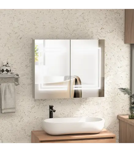 Mueble de Baño con Espejo Estantes Ajustables Interruptor Táctil y Color de Luz Ajustable 80x15x65 cm Blanco Brillante
