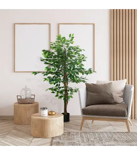 Planta Artificial con Troncos Naturales 150 cm Ficus Sintética con 882 Hojas Decoración para Hogar Verde