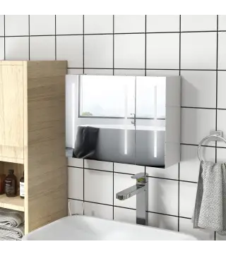 Armario con Espejo de Baño con 3 Puertas Estantes Ajustables Interruptor Táctil y USB 90x15x70 cm Blanco Brillante