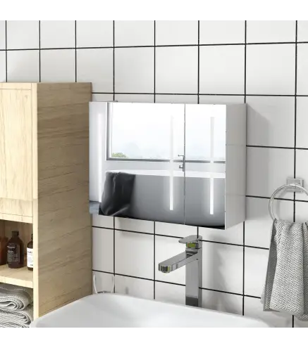 Armario con Espejo de Baño con 3 Puertas Estantes Ajustables Interruptor Táctil y USB 90x15x70 cm Blanco Brillante