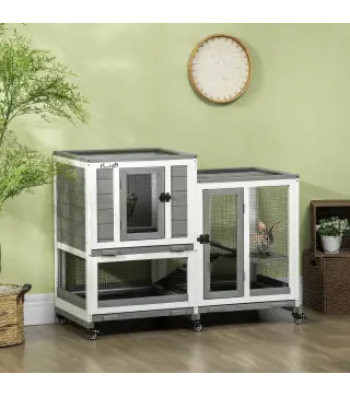 Jaula para Conejos 2 Niveles de Madera con 6 Ruedas 2 Escaleras 3 Bandejas Extraíbles y Zona Abierta 110x50x86 cm Gris