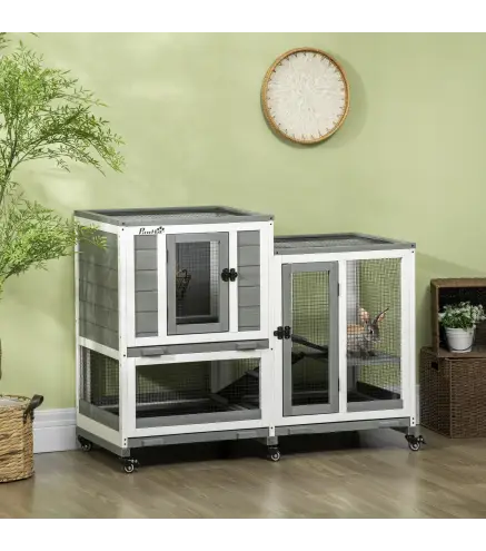 Jaula para Conejos 2 Niveles de Madera con 6 Ruedas 2 Escaleras 3 Bandejas Extraíbles y Zona Abierta 110x50x86 cm Gris