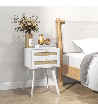 Mesilla de Noche Blanca Mesita de Noche con 2 Cajones Estilo Cannage Mesita Auxiliar Pequeña 40x40x60 cm