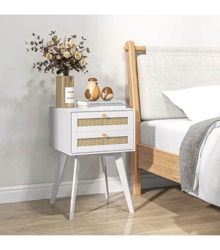 Mesilla de Noche Blanca Mesita de Noche con 2 Cajones Estilo Cannage Mesita Auxiliar Pequeña 40x40x60 cm