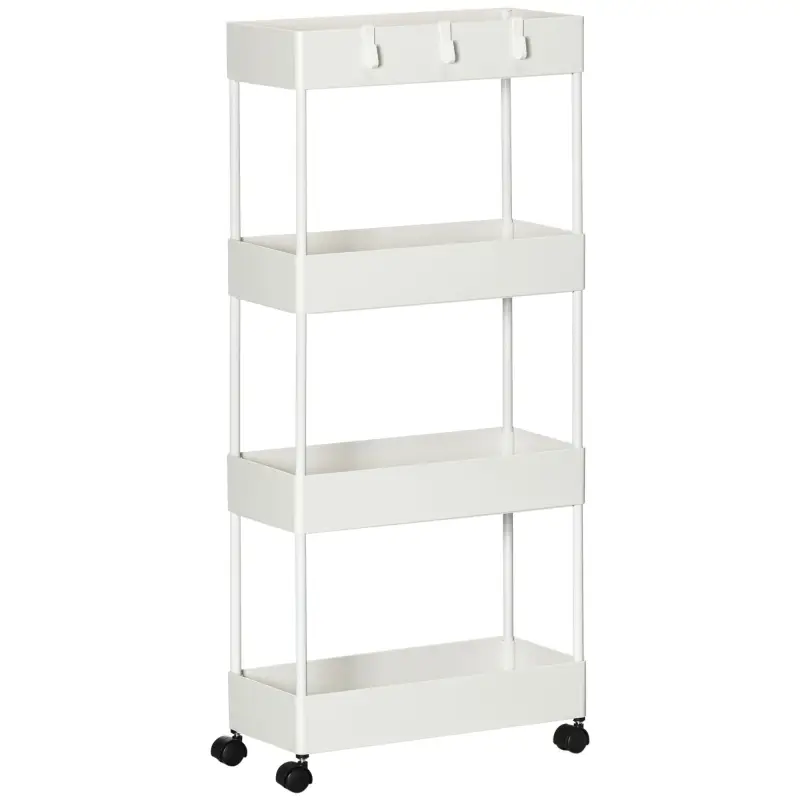 Carrito Organizador Carrito Auxiliar con 4 Cestas y 4 Ganchos Extraíbles para Cocina Baño Salón 40x19x90 cm Blanco