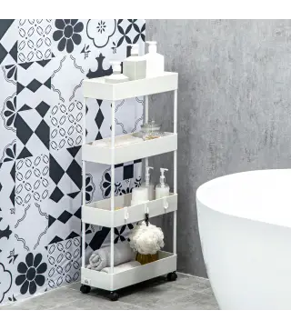 Carrito Organizador Carrito Auxiliar con 4 Cestas y 4 Ganchos Extraíbles para Cocina Baño Salón 40x19x90 cm Blanco