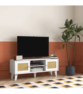 Mueble de TV de Salón Mesa para Televisores de hasta 55" con 2 Puertas de Ratán Estante Ajustable 120x35x46 cm Blanco