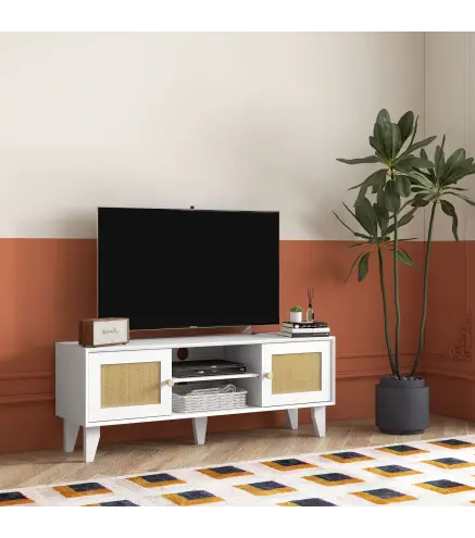 Mueble de TV de Salón Mesa para Televisores de hasta 55" con 2 Puertas de Ratán Estante Ajustable 120x35x46 cm Blanco