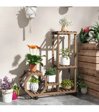 Soporte para Plantas con Ruedas Soporte para Macetas de 5 Niveles de Madera Uso Interno Externo 86x30x102 cm Carbonizado