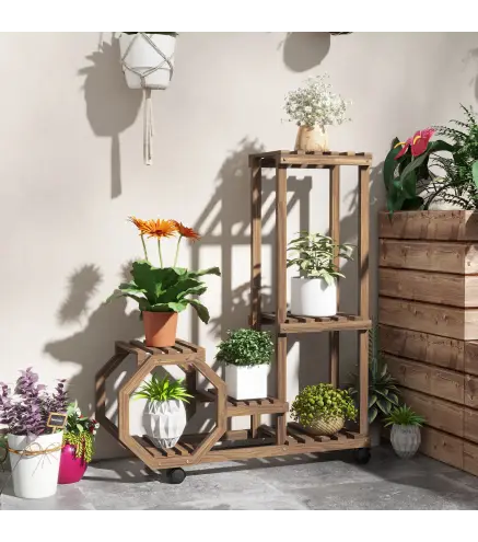 Soporte para Plantas con Ruedas Soporte para Macetas de 5 Niveles de Madera Uso Interno Externo 86x30x102 cm Carbonizado