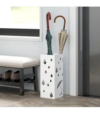 Paragüero Blanco Paragüero de Acero con 4 Ganchos y Bandeja de Goteo Extraíble para Pasillo Entrada 15,5x15,5x41 cm