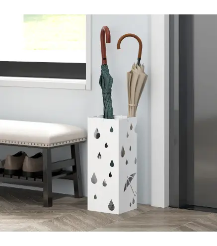 Paragüero Blanco Paragüero de Acero con 4 Ganchos y Bandeja de Goteo Extraíble para Pasillo Entrada 15,5x15,5x41 cm