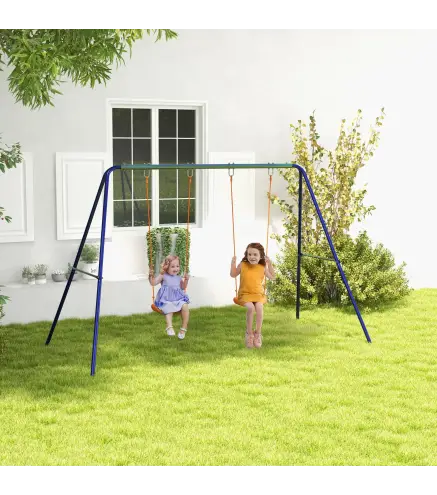 Columpio para Niños de 3-8 Años con 2 Sillas Resistente a los Rayos UV y Soporte de Metal Carga 90 kg Multicolor