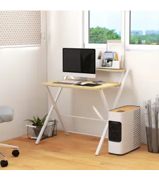 Mesa de Estudio Plegable con Estante Superior Estilo Moderno para Sala Oficina Dormitorio 81,5x70x84 cm Natural y Blanco