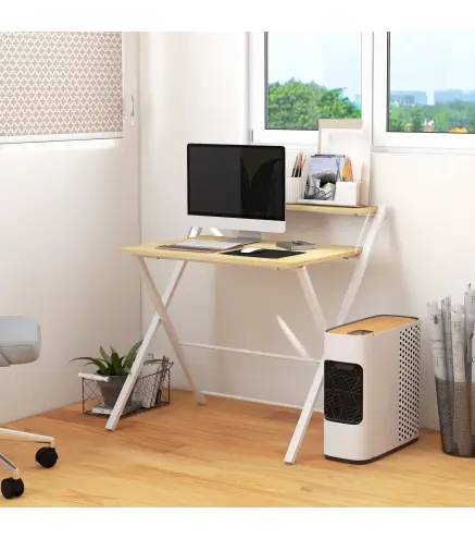 Mesa de Estudio Plegable con Estante Superior Estilo Moderno para Sala Oficina Dormitorio 81,5x70x84 cm Natural y Blanco