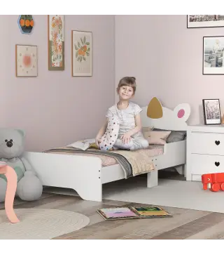 Cama Infantil de Madera 143x74x67 cm en Forma de Unicornio Mueble de Dormitorio Moderno Carga 80 kg Blanco