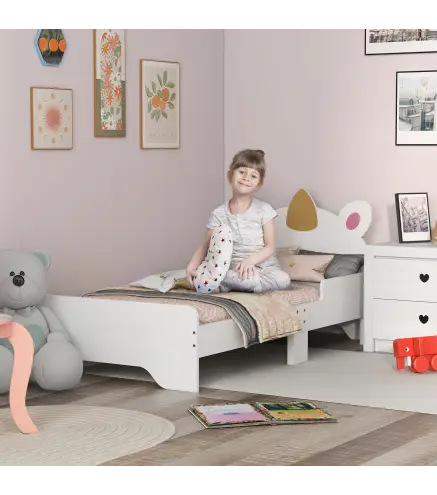 Cama Infantil de Madera 143x74x67 cm en Forma de Unicornio Mueble de Dormitorio Moderno Carga 80 kg Blanco