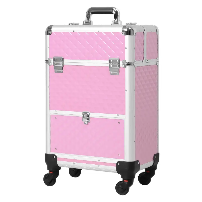 Maletín de Maquillaje Profesional con Cajón Maleta de Maquillaje con Ruedas para Viaje Trabajo 34x25x62 cm Rosa