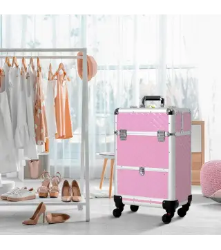 Maletín de Maquillaje Profesional con Cajón Maleta de Maquillaje con Ruedas para Viaje Trabajo 34x25x62 cm Rosa