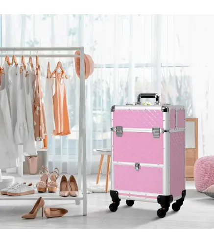 Maletín de Maquillaje Profesional con Cajón Maleta de Maquillaje con Ruedas para Viaje Trabajo 34x25x62 cm Rosa